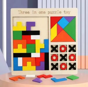 Puzzle Didáctico De Madera 3 En 1. Tamgram, Gato Y Otros
