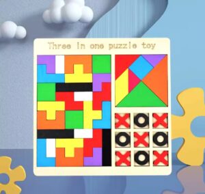 Puzzle Didáctico De Madera 3 En 1. Tamgram, Gato Y Otros