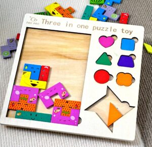 Puzzle Didáctico De Madera 3 En 1. Tamgram, Gato Y Otros
